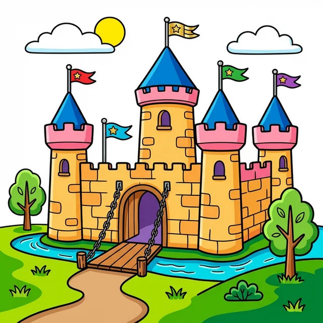 A medieval castle with towers and flags coloring page.