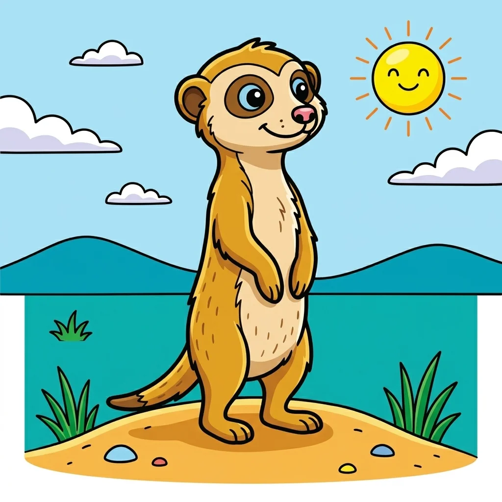 Meerkat standing tall on lookout in desert coloring page for kids - free printable