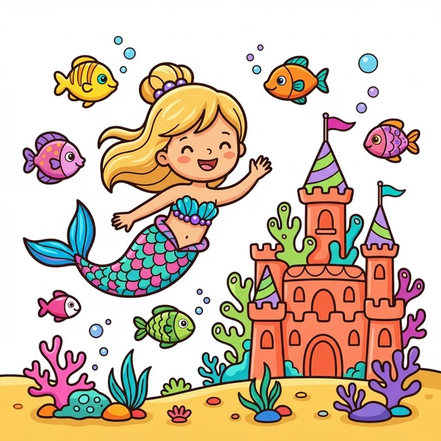 Mermaid swimming near coral castle coloring page for kids