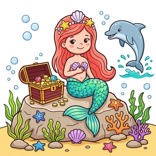 Mermaid kid sitting on rock near treasure chest with dolphin coloring page
