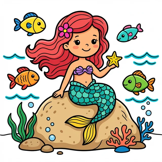 A mermaid sitting on an ocean rock with fish coloring page.