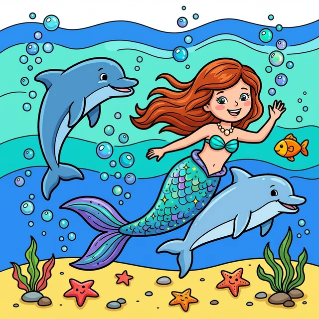 Mermaid swimming with dolphins in ocean coloring page