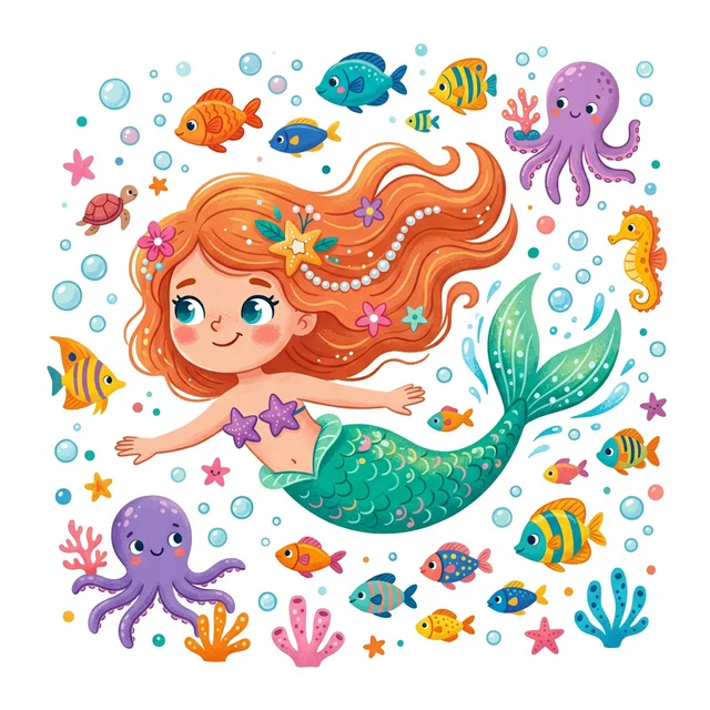 Mermaid swimming in ocean coloring page for kids