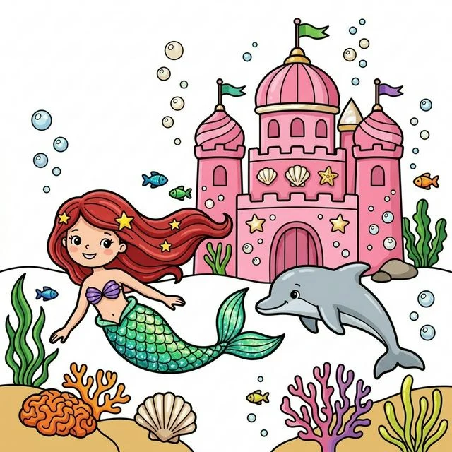 Mermaid swimming near underwater castle with dolphin coloring page for kids