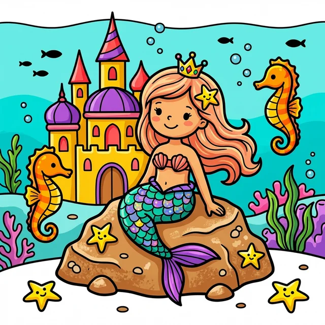 Mermaid underwater castle coloring page for kids