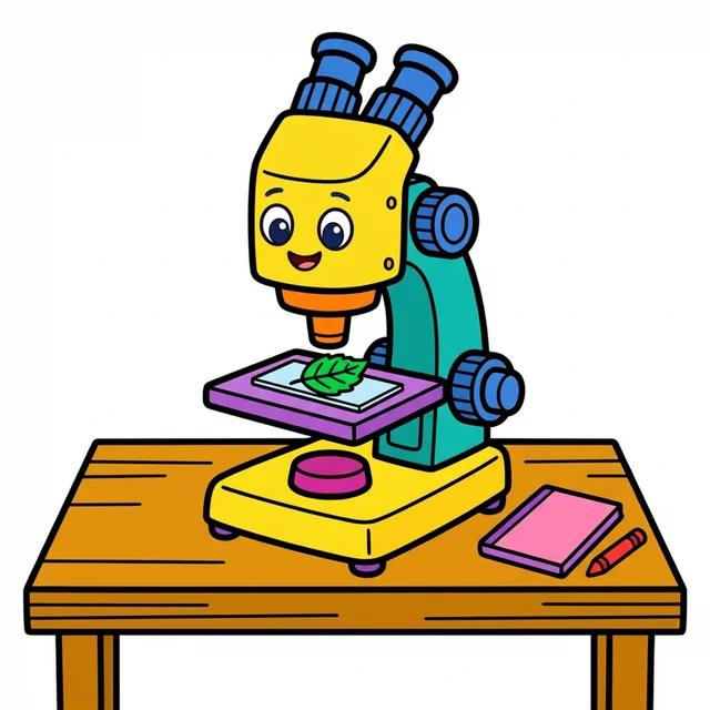 A microscope with a leaf slide on a desk coloring page.