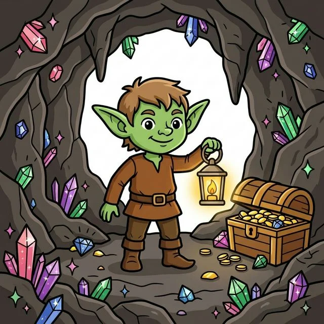 Mischievous goblin in cave with sparkling gems and treasure coloring page for kids