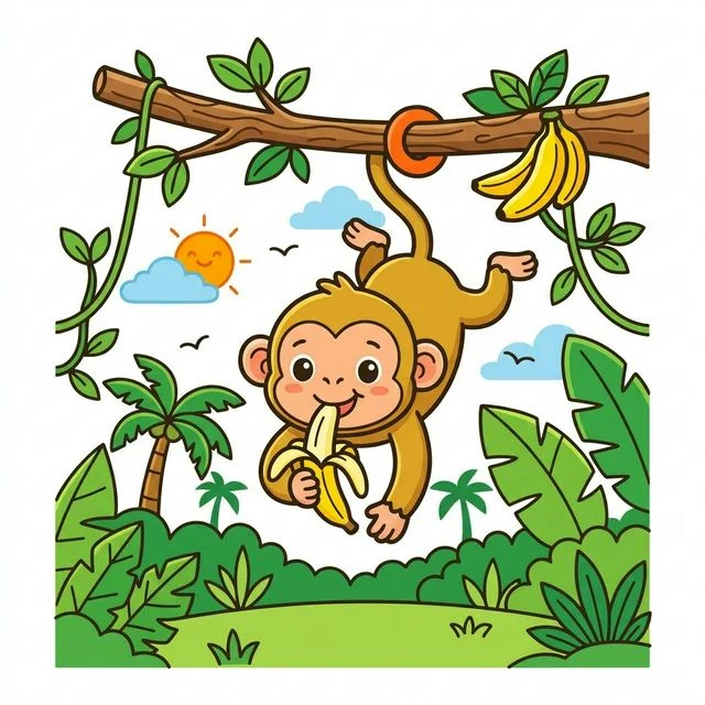 Monkey hanging from tree branch eating banana in jungle coloring page for kids — free printable