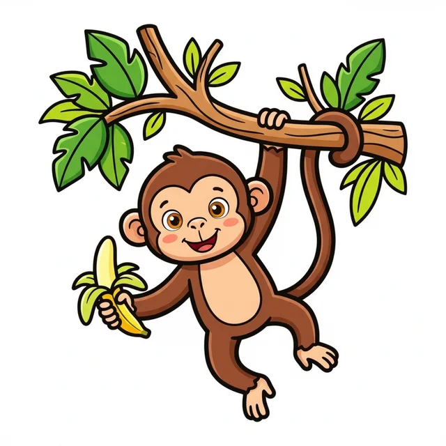 A monkey swinging from a tree branch with a banana coloring page.
