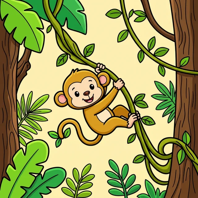 Monkey swinging on vine coloring page for kids