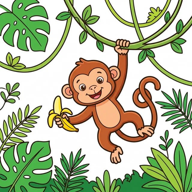 Monkey swinging from jungle vines coloring page for kids
