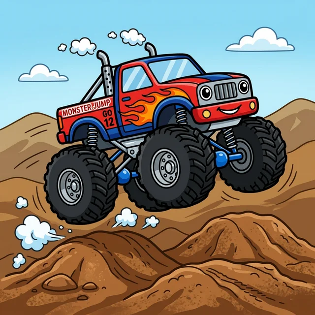 Monster truck with big wheels jumping over dirt coloring page