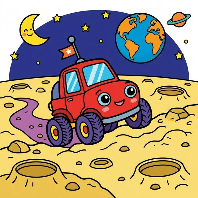 Moon rover driving on bumpy crater surface of the moon coloring page for kids — free printable