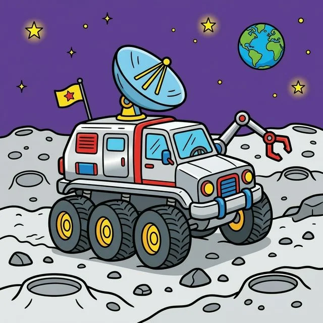 Tough cool cartoon moon rover driving exploring the bumpy lunar surface with big chunky wheels coloring page for kids