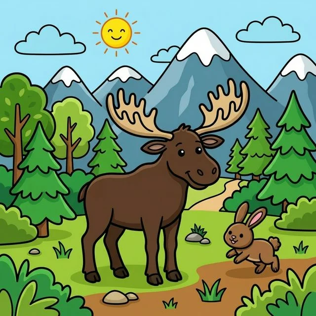 Moose with antlers in forest clearing coloring page for kids