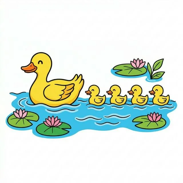 Mother duck with ducklings swimming in pond coloring page for kids — free printable