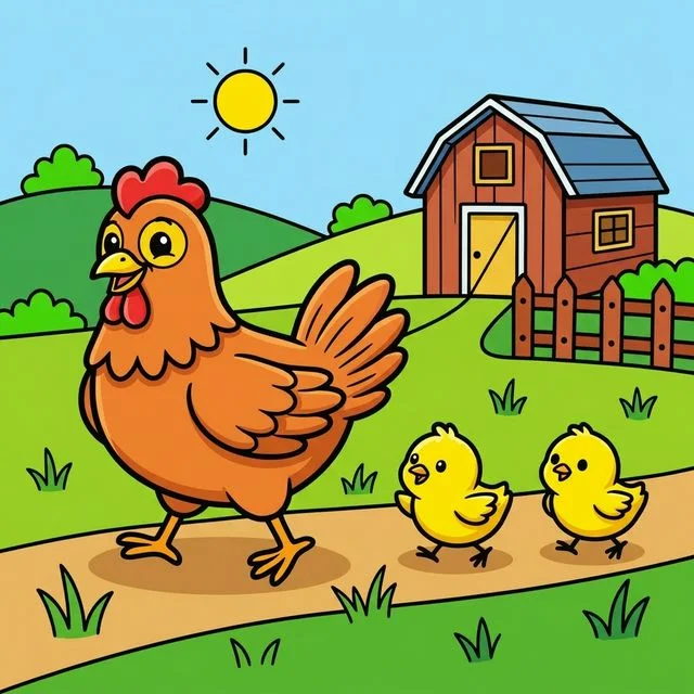 Mother hen with baby chicks on farm coloring page for kids — free printable