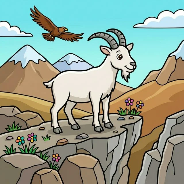 Mountain goat on rocky cliff coloring page for kids