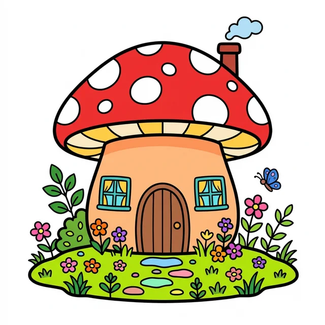Cute mushroom fairy house coloring page for kids