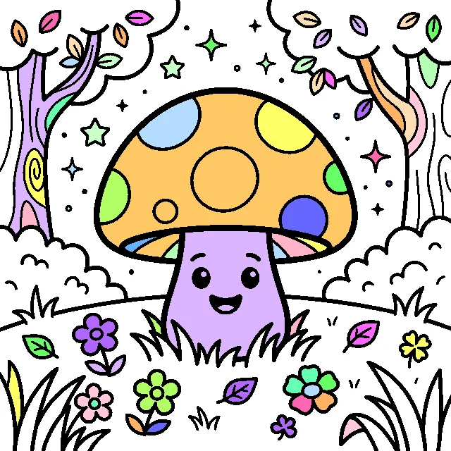 Spotted mushroom in fairy forest coloring page for kids — free printable