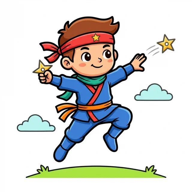 A ninja kid in action pose with throwing stars coloring page.