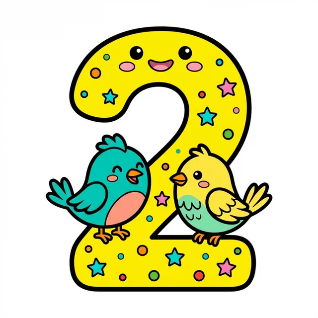 Number 2 with two cute birds coloring page.