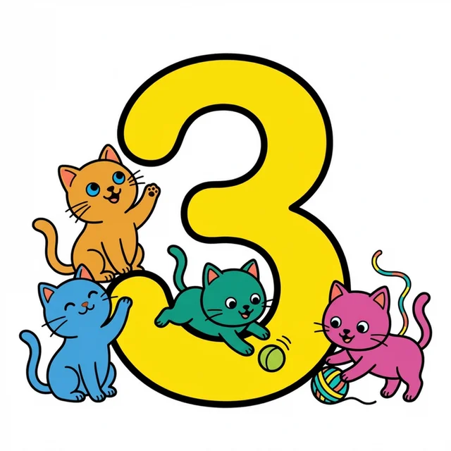 Number 3 with three cute cats playing coloring page.