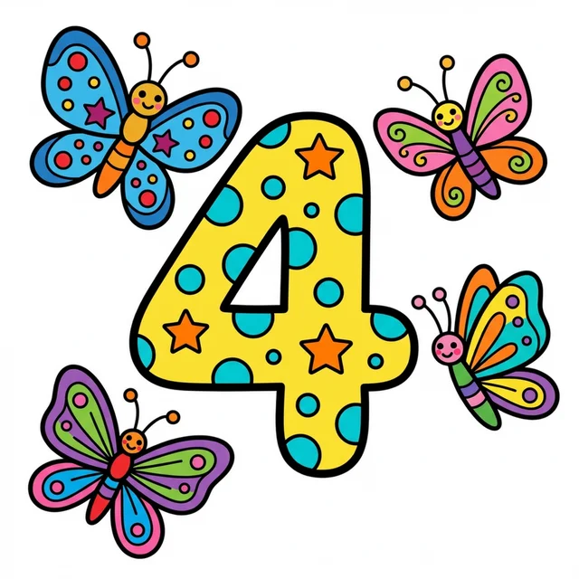 Number 4 with four butterflies coloring page.