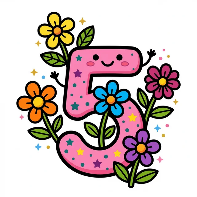 Number 5 with five flowers growing coloring page.