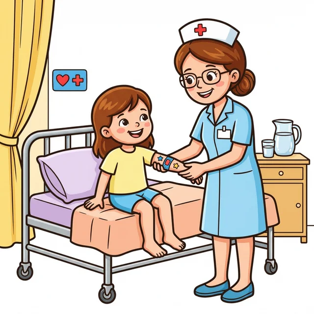 Nurse helping child patient coloring page for kids