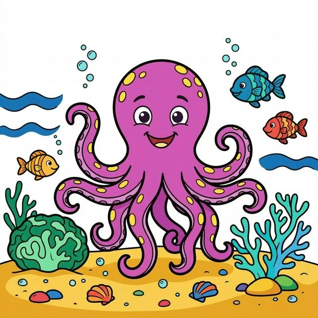 Octopus with curly tentacles at ocean bottom coloring page for kids — free printable