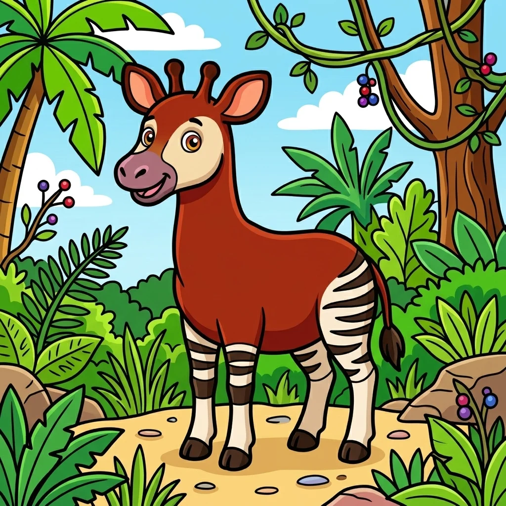 Okapi standing in dense jungle showing stripes coloring page for kids - free printable