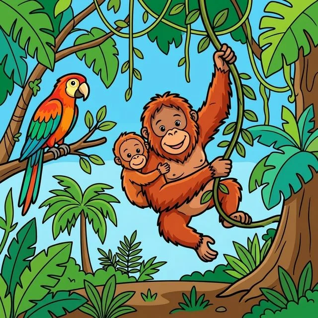 Orangutan swinging on jungle vines with baby coloring page for kids