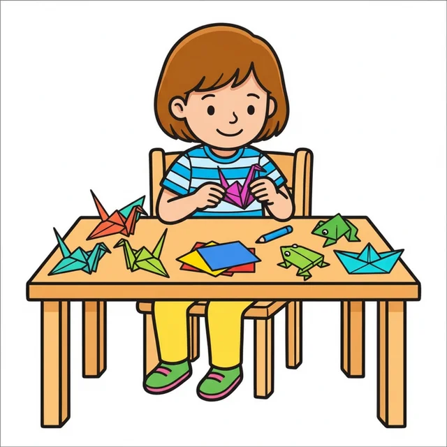 Kid sitting at table folding origami paper cranes coloring page