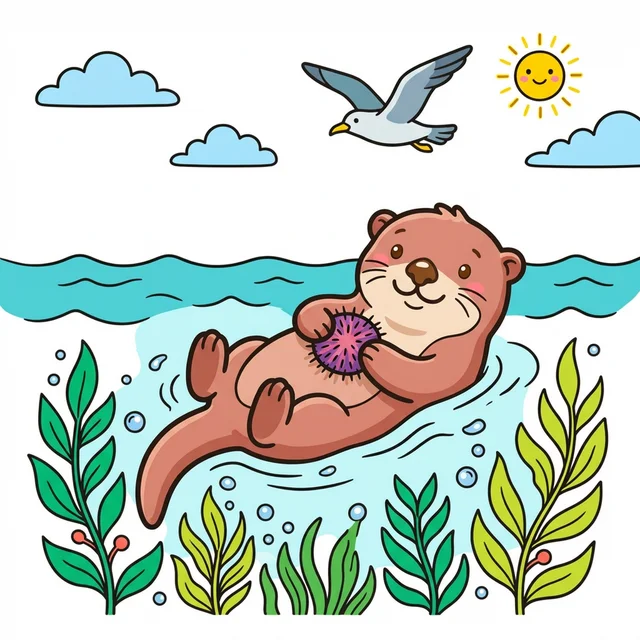 Sea otter floating on back in ocean kelp coloring page