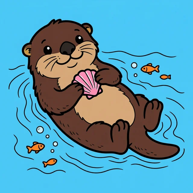 Cute sea otter floating on water holding shell coloring page for kids