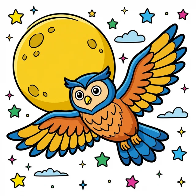 Owl flying through moonlit sky coloring page for kids
