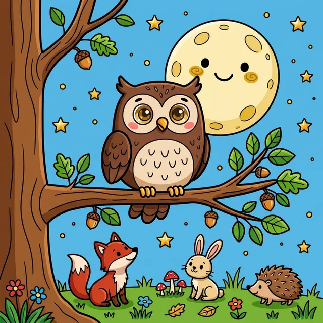 Wise owl on branch in moonlight coloring page
