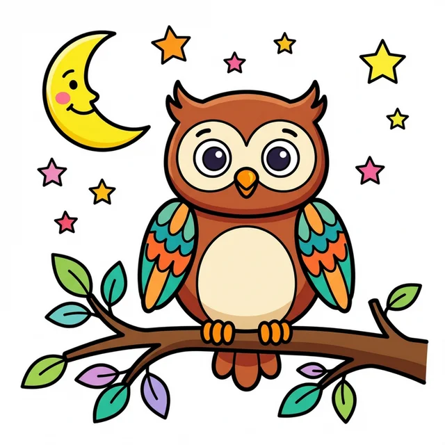 A cute owl sitting on a branch with moon and stars coloring page.