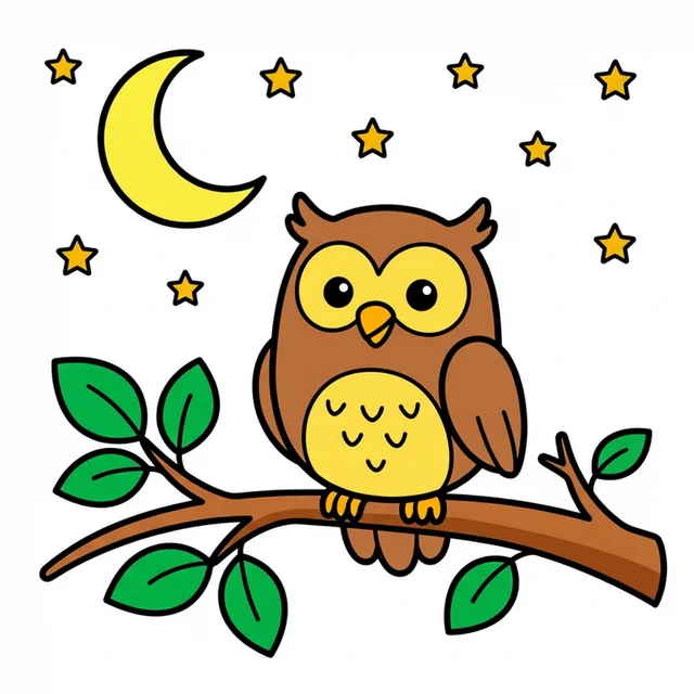 A cute owl sitting on a branch at night with moon and stars coloring page.