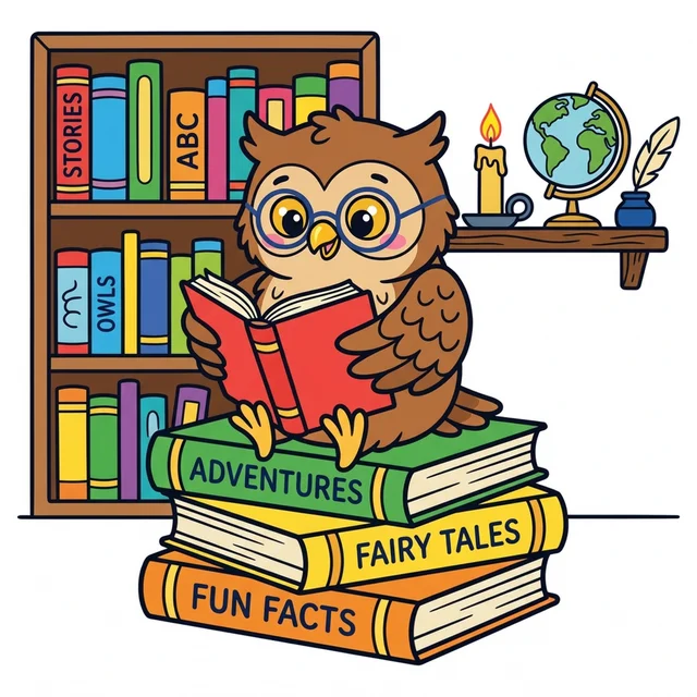 Wise owl wearing glasses reading book in cozy library coloring page