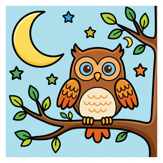 Cute owl sitting on tree branch at night coloring page