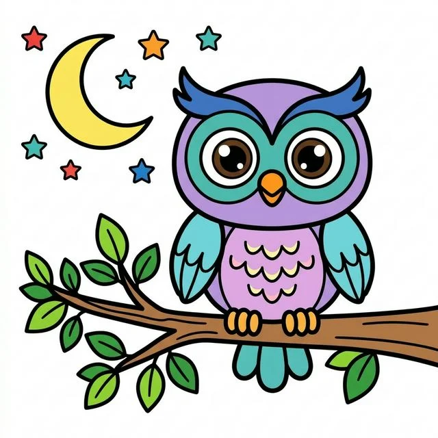 Owl sitting on tree branch at night with crescent moon and stars coloring page for kids — free printable