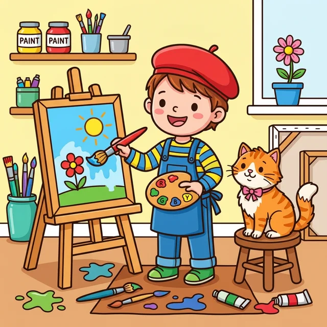 Kid artist painting at easel in art studio with cat coloring page