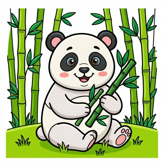 Panda bear holding bamboo sticks in bamboo forest coloring page for kids — free printable