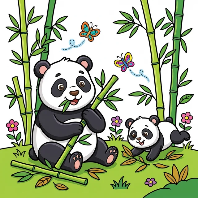 Panda eating bamboo with baby panda in forest coloring page