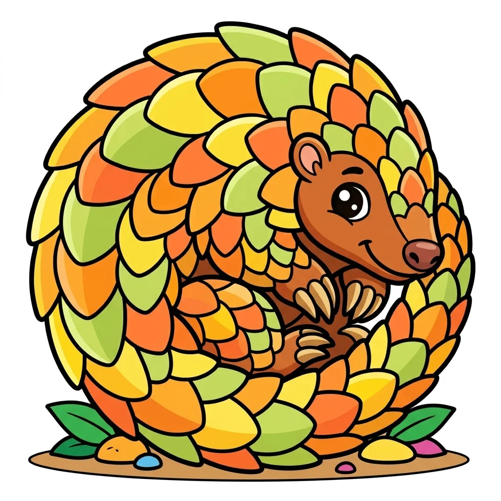 Pangolin curled up with armor scales coloring page for kids - free printable