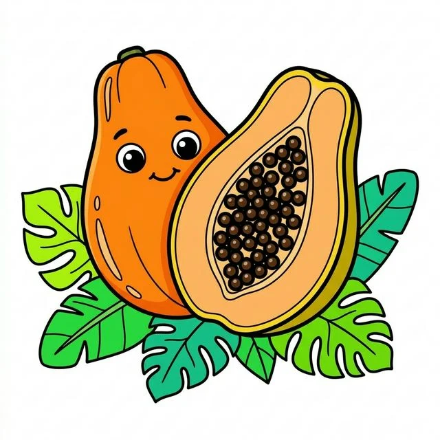 Papaya cut open showing seeds tropical coloring page for kids — free printable
