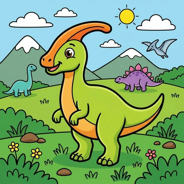 Parasaurolophus with curved crest on grassy plain with dinosaurs coloring page for kids — free printable