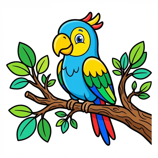 Parrot sitting on branch coloring page for kids